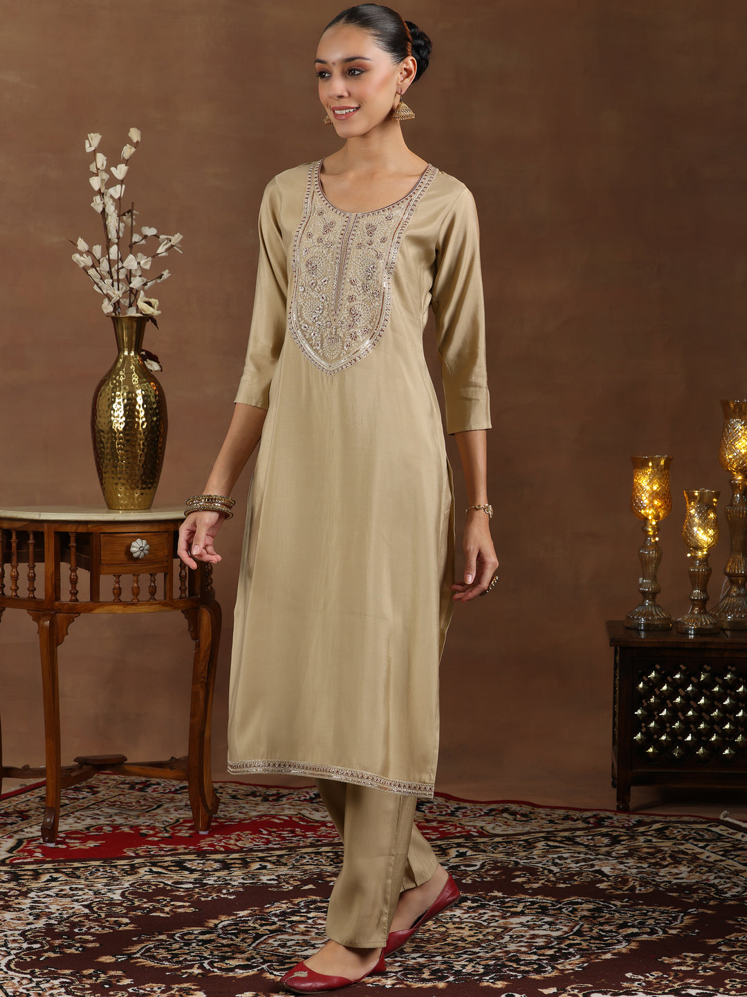 Beige Yoke Design Silk Blend Straight Suit With Dupatta