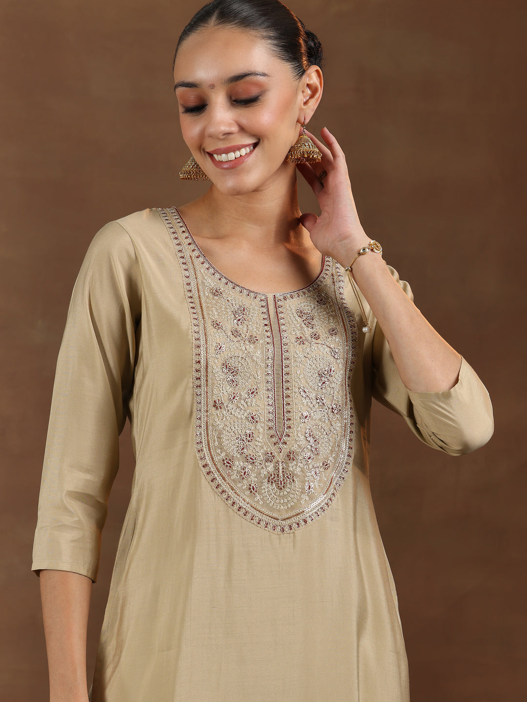 Beige Yoke Design Silk Blend Straight Suit With Dupatta