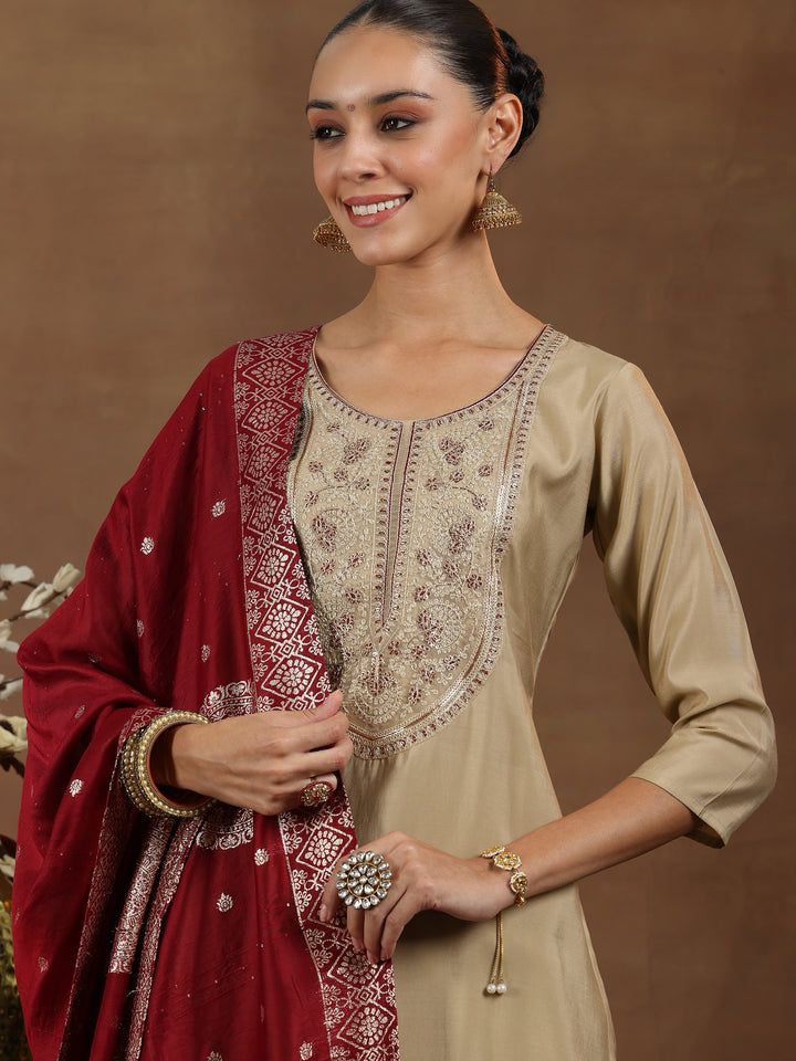 Beige Yoke Design Silk Blend Straight Suit With Dupatta