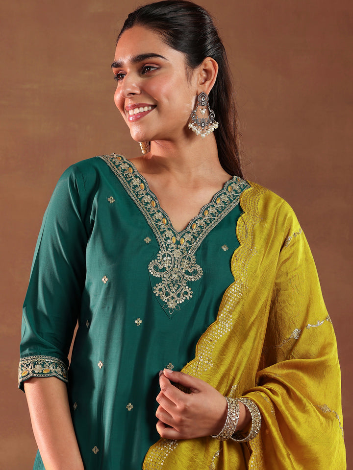 Rama Green Embroidered Silk Blend Straight Suit With Dupatta