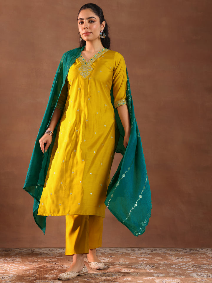 Mustard Embroidered Silk Blend Straight Suit With Dupatta