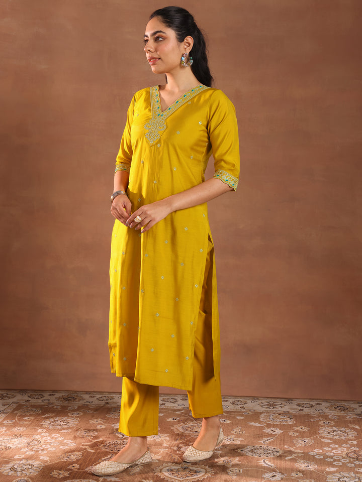 Mustard Embroidered Silk Blend Straight Suit With Dupatta