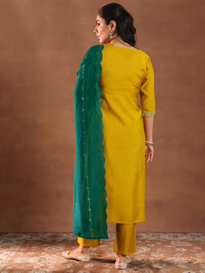 Mustard Embroidered Silk Blend Straight Suit With Dupatta