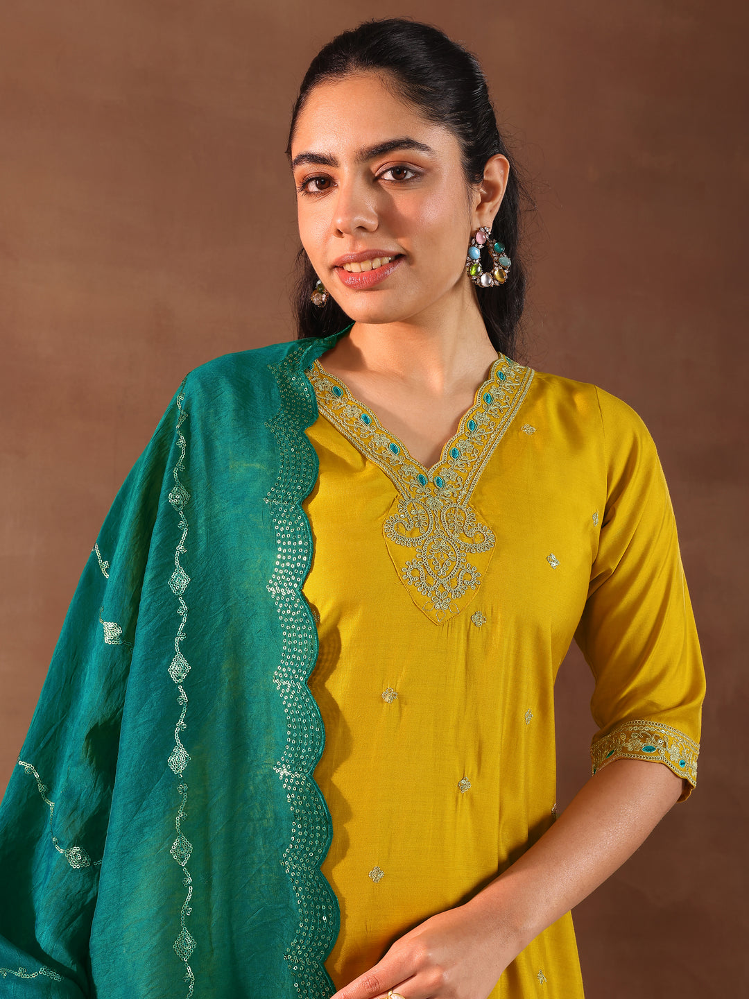 Mustard Embroidered Silk Blend Straight Suit With Dupatta