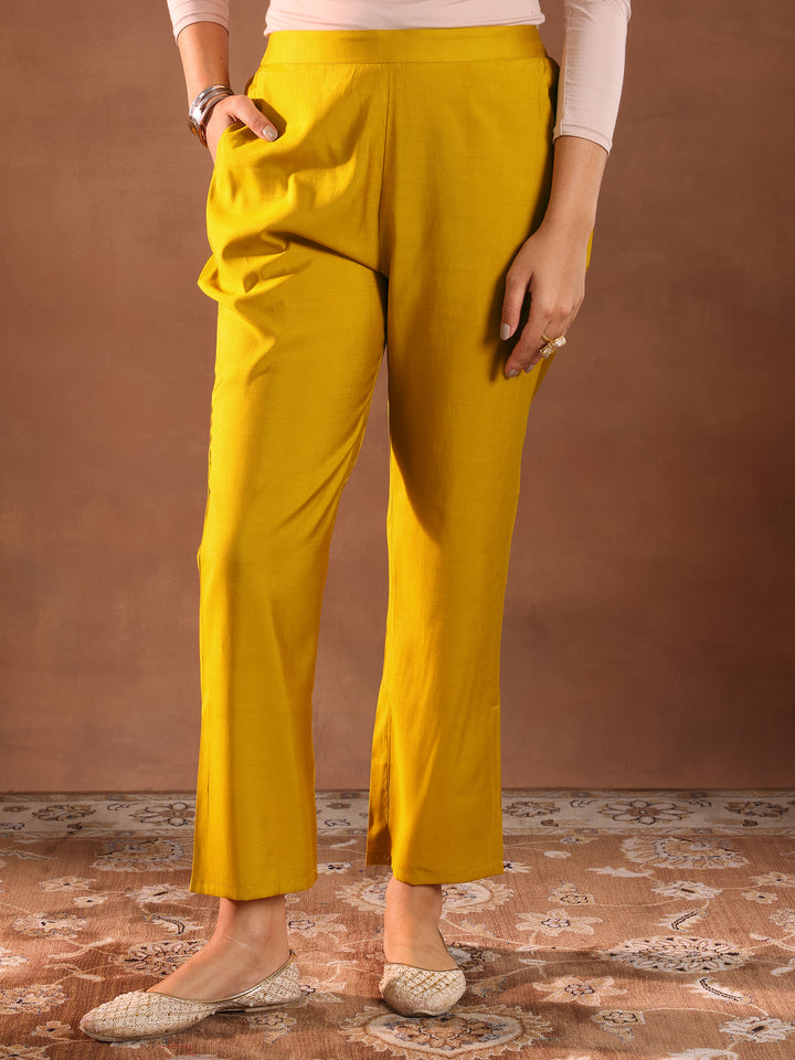 Mustard Embroidered Silk Blend Straight Suit With Dupatta