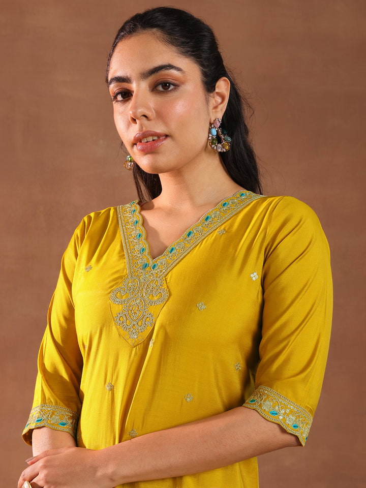 Mustard Embroidered Silk Blend Straight Suit With Dupatta