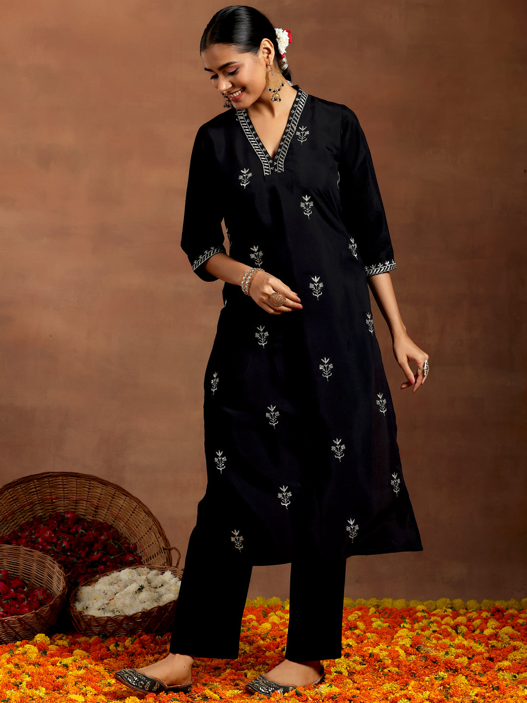 Black Embroidered Silk Blend Straight Suit With Dupatta