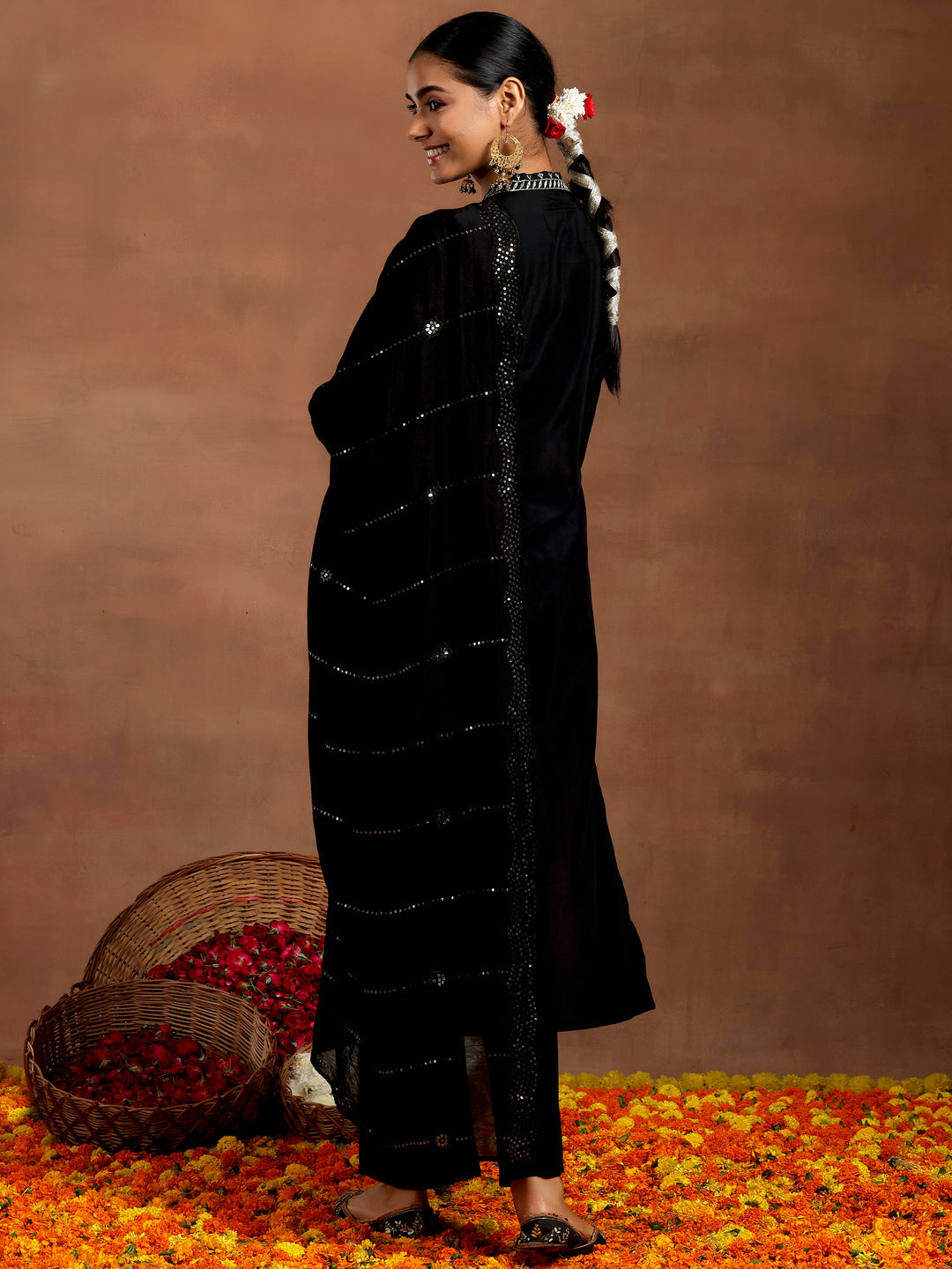 Black Embroidered Silk Blend Straight Suit With Dupatta