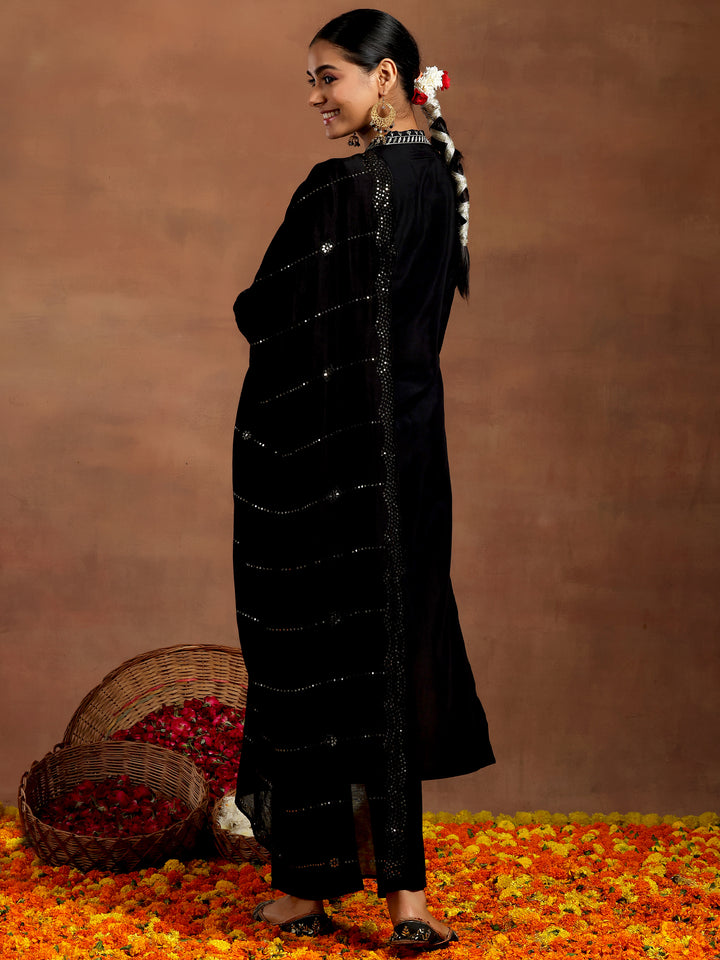 Black Embroidered Silk Blend Straight Suit With Dupatta
