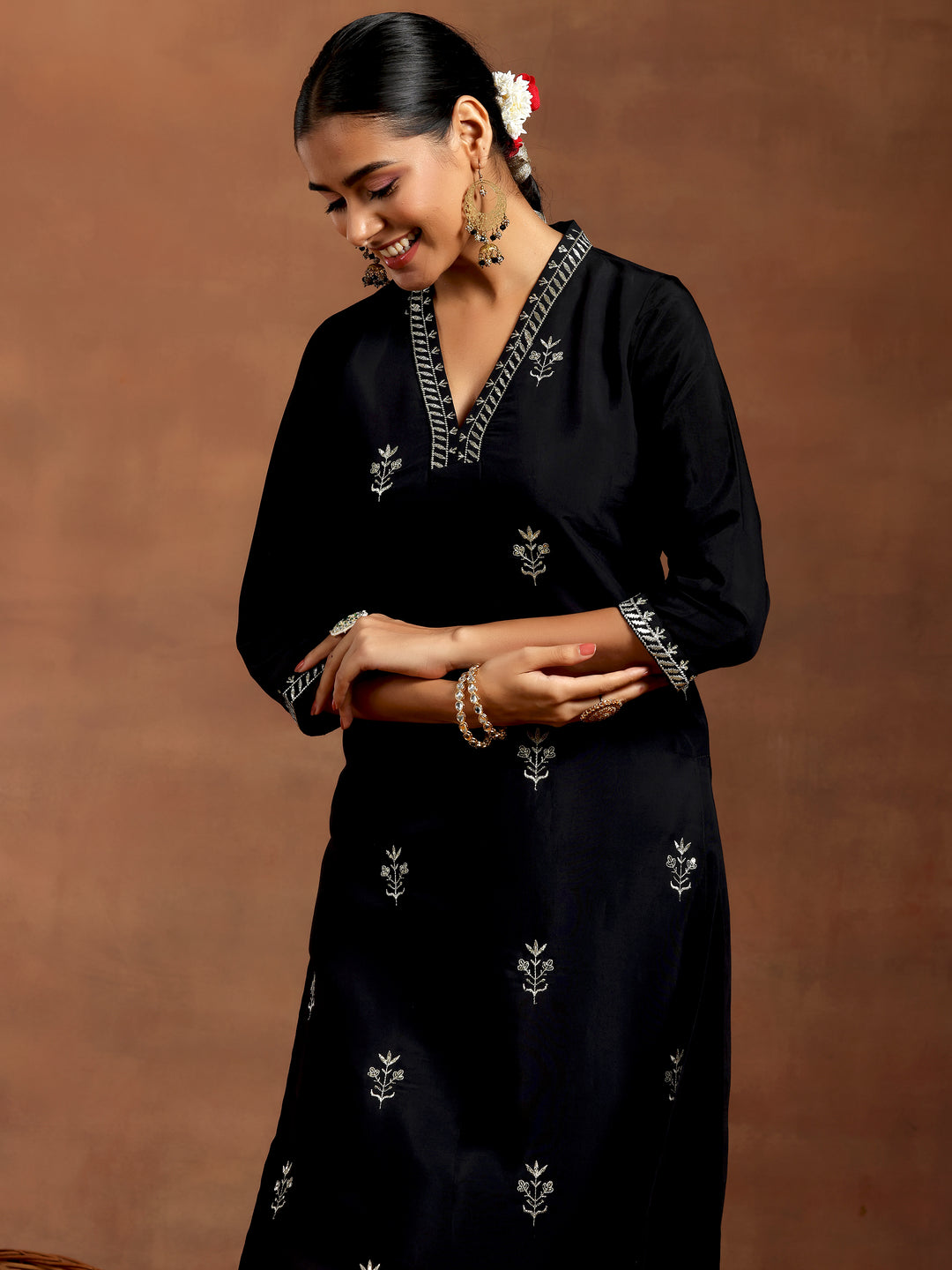 Black Embroidered Silk Blend Straight Suit With Dupatta