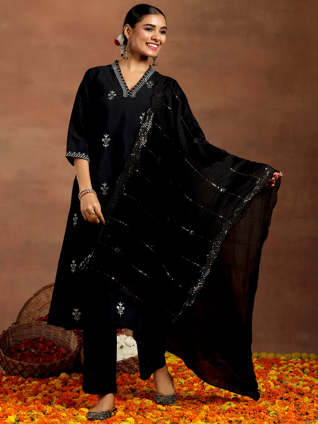 Black Embroidered Silk Blend Straight Suit With Dupatta