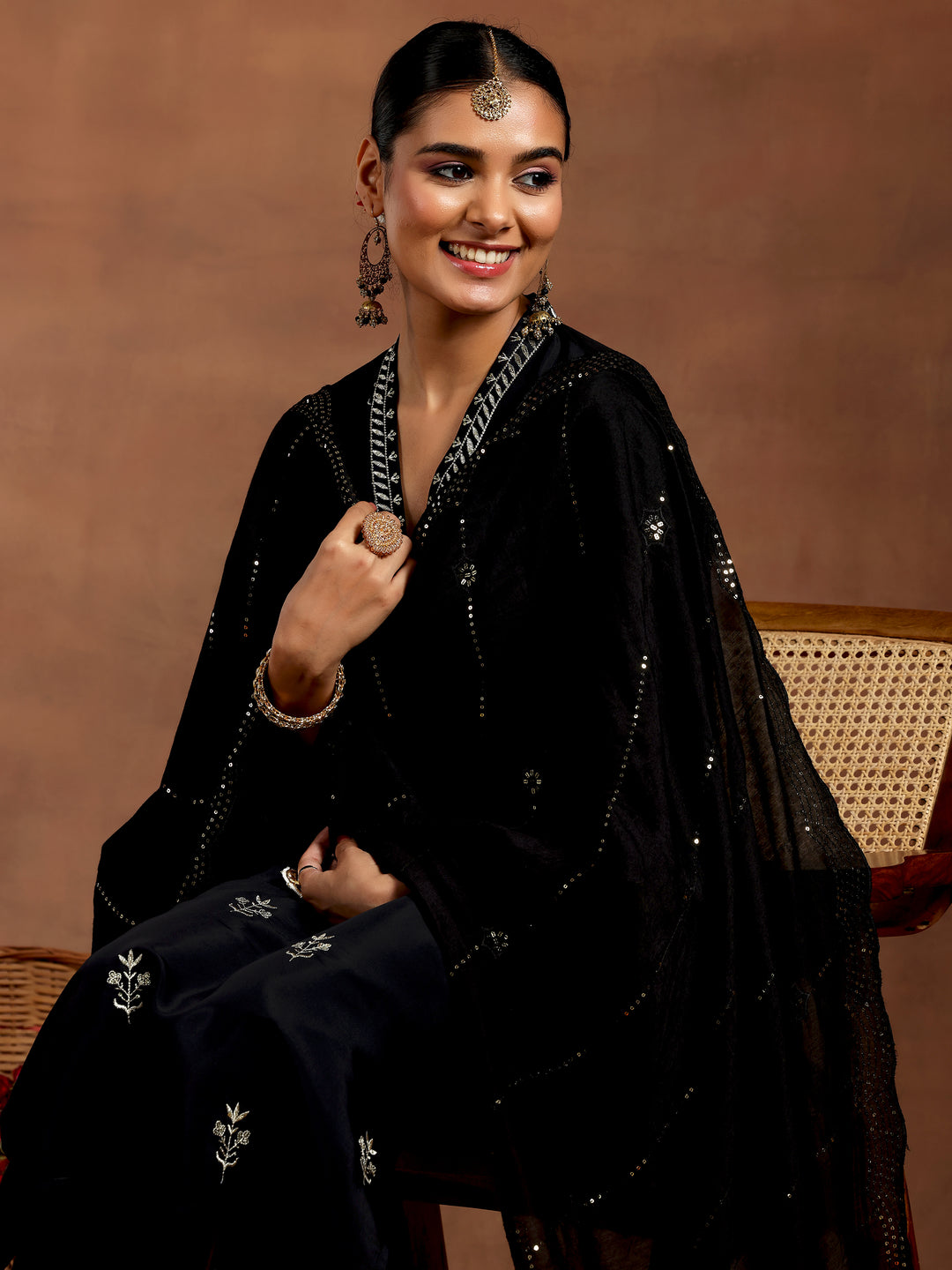 Black Embroidered Silk Blend Straight Suit With Dupatta