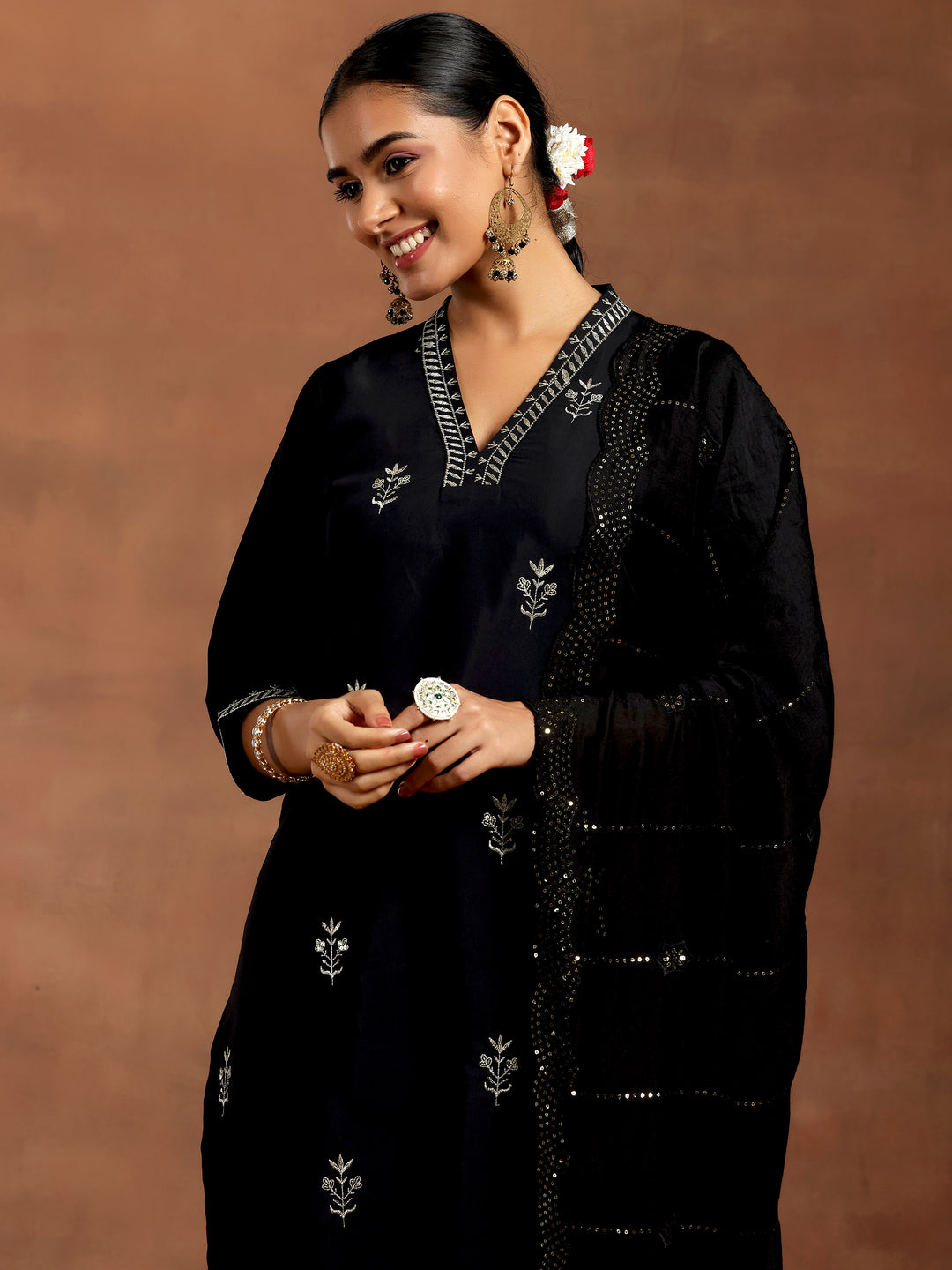 Black Embroidered Silk Blend Straight Suit With Dupatta