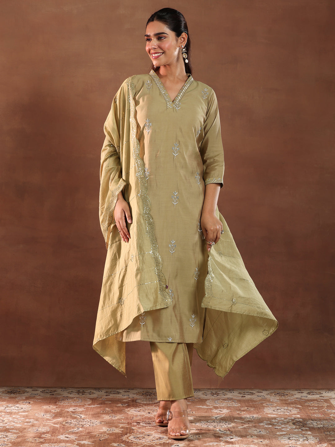 Golden Embroidered Silk Blend Straight Suit With Dupatta