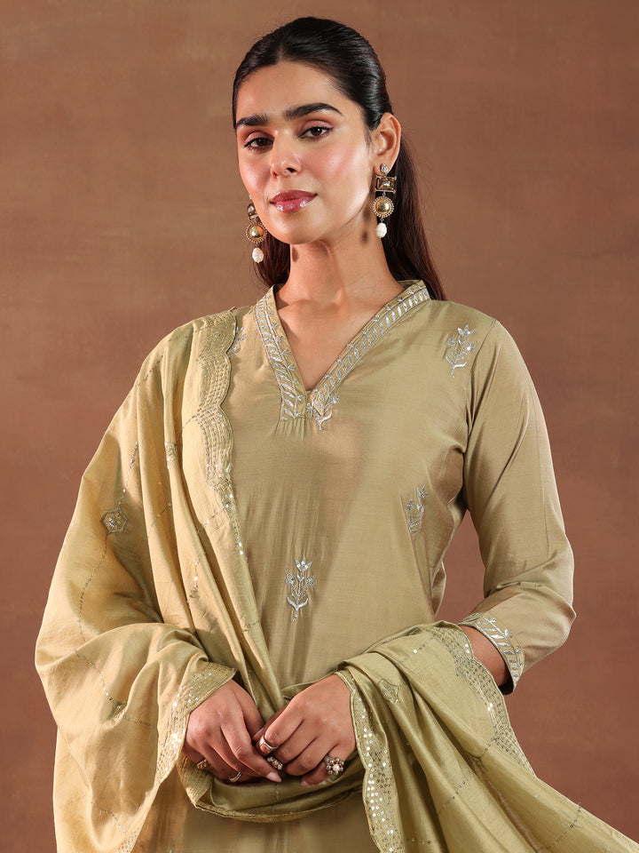 Golden Embroidered Silk Blend Straight Suit With Dupatta