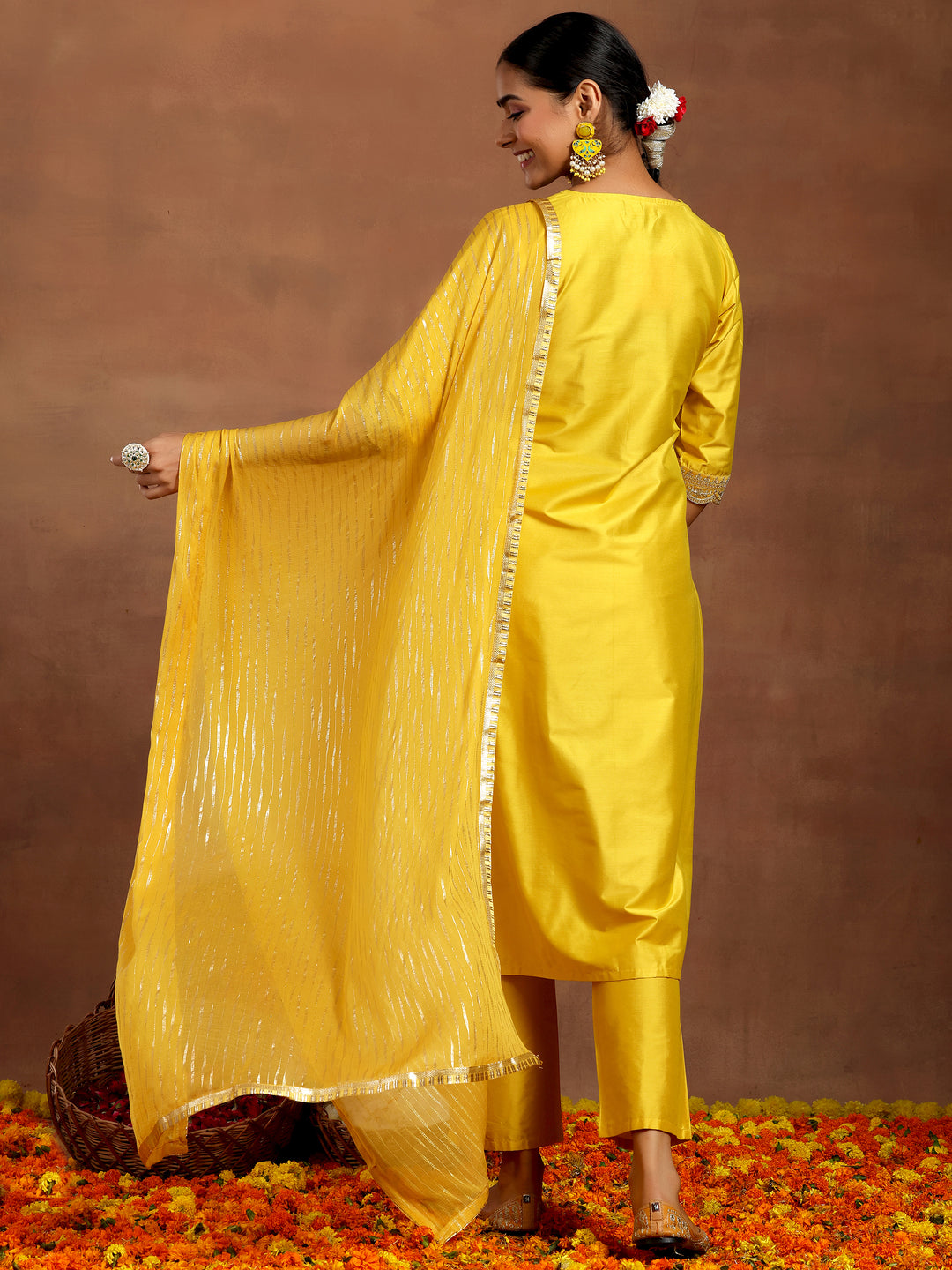 Yellow Yoke Design Silk Blend Straight Suit With Dupatta