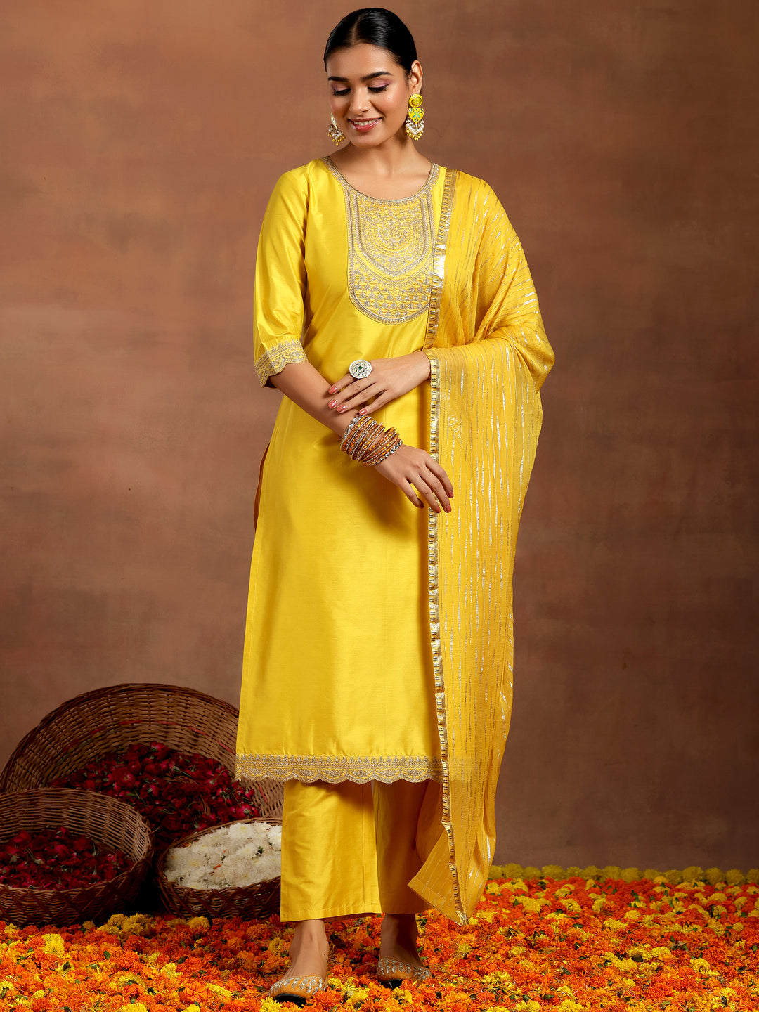 Yellow Yoke Design Silk Blend Straight Suit With Dupatta