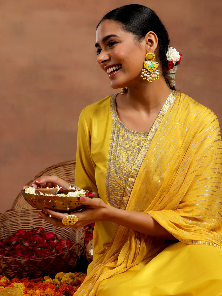 Yellow Yoke Design Silk Blend Straight Suit With Dupatta