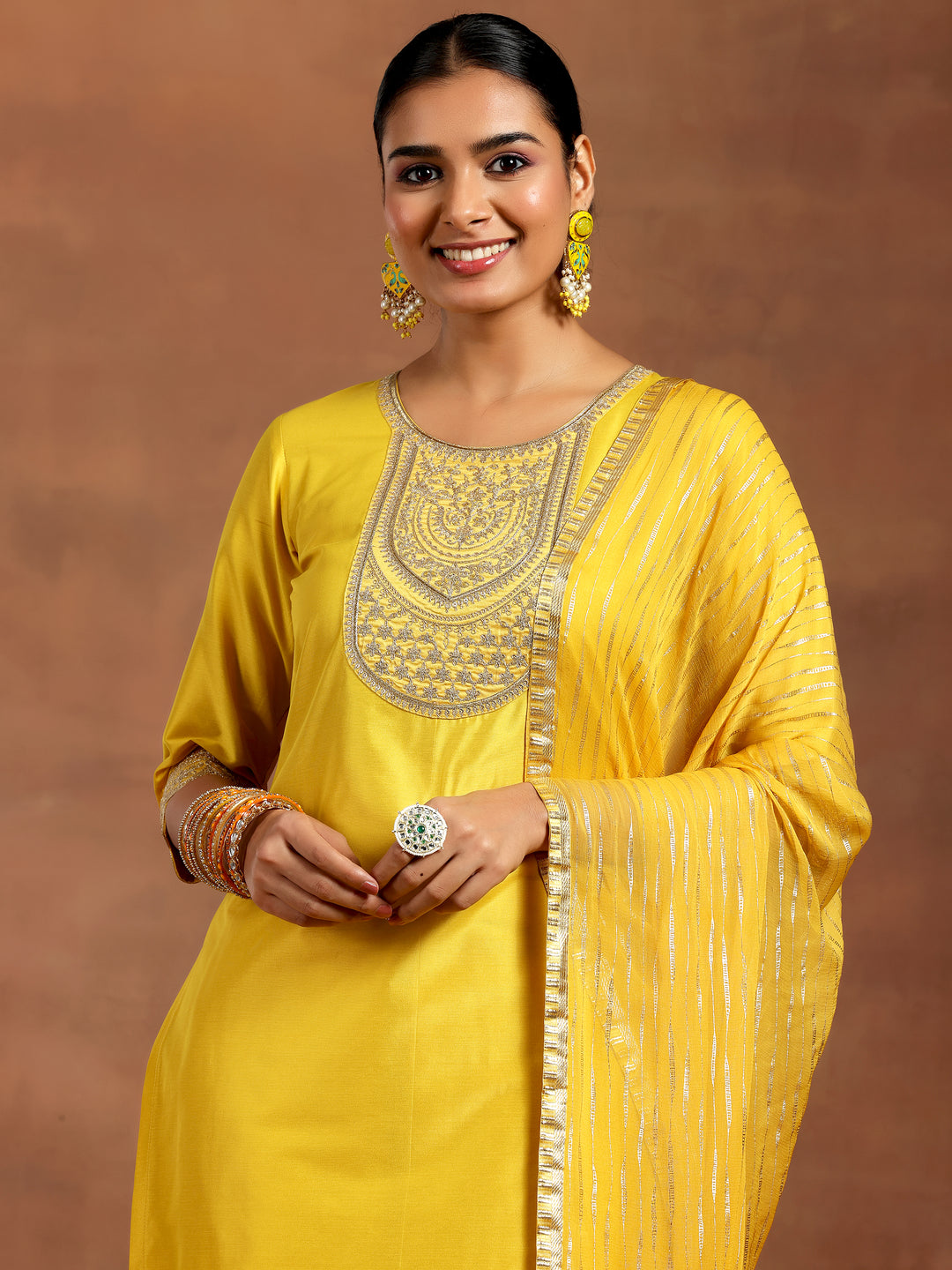 Yellow Yoke Design Silk Blend Straight Suit With Dupatta