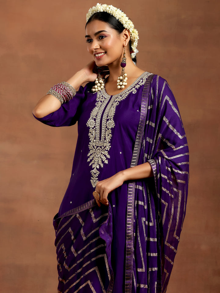 Purple Embroidered Silk Blend Straight Suit With Dupatta