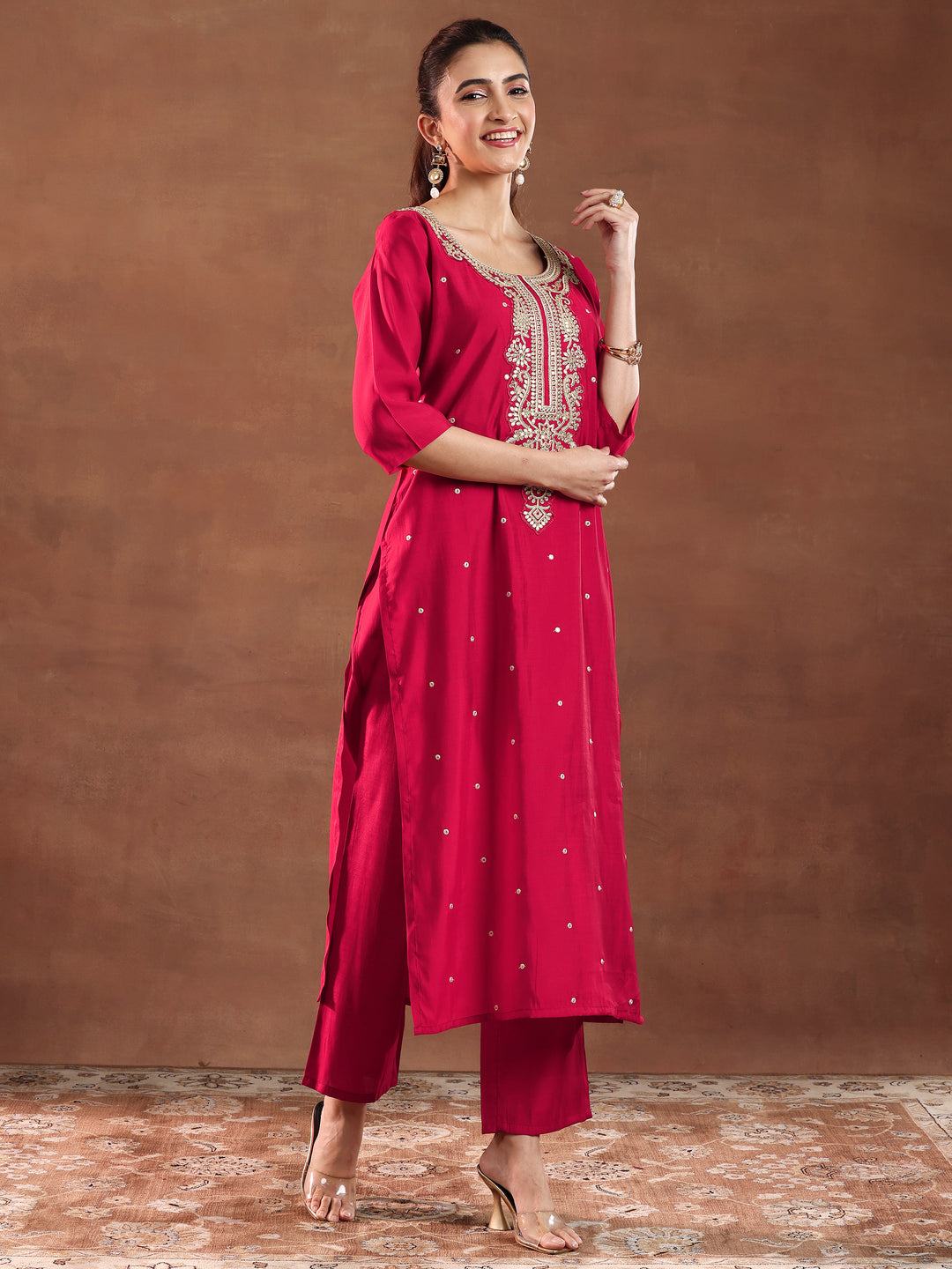 Red Embroidered Silk Blend Straight Suit With Dupatta