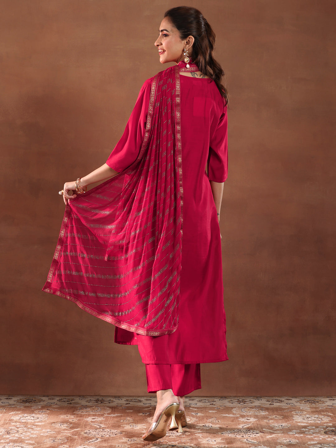 Red Embroidered Silk Blend Straight Suit With Dupatta