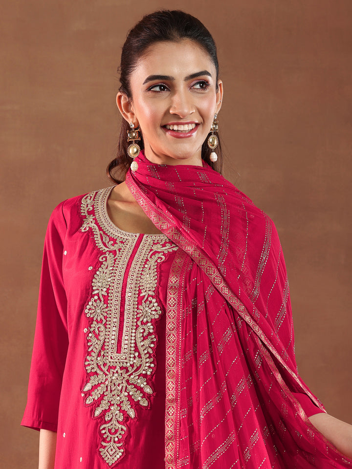 Red Embroidered Silk Blend Straight Suit With Dupatta