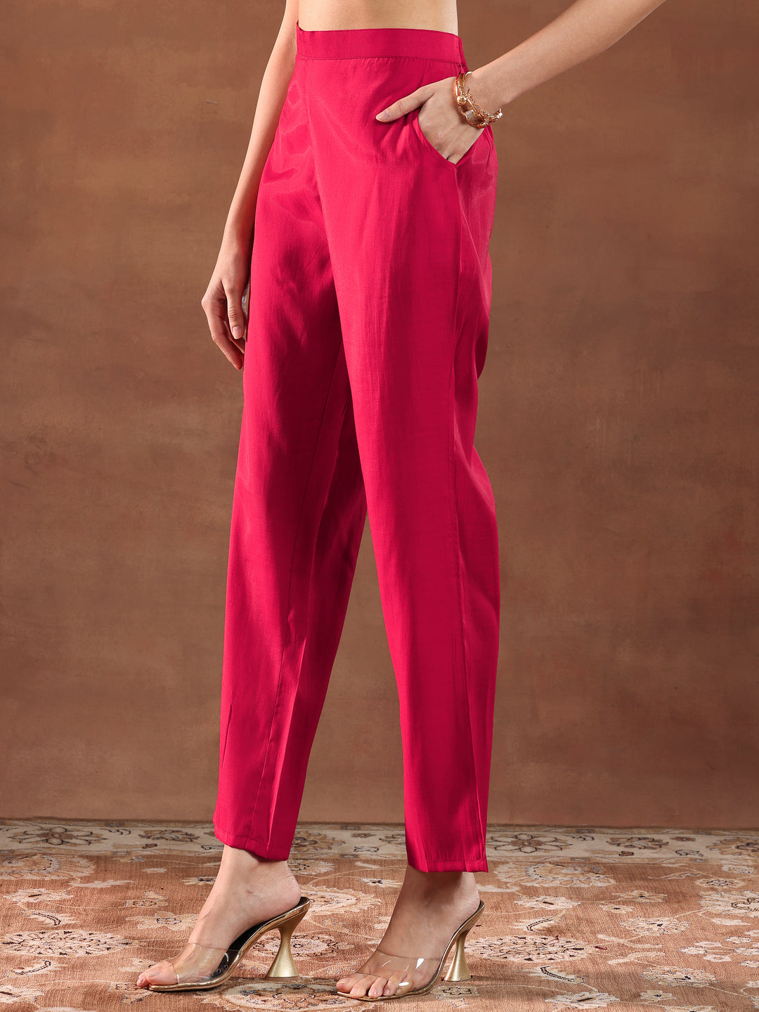 Red Embroidered Silk Blend Straight Suit With Dupatta