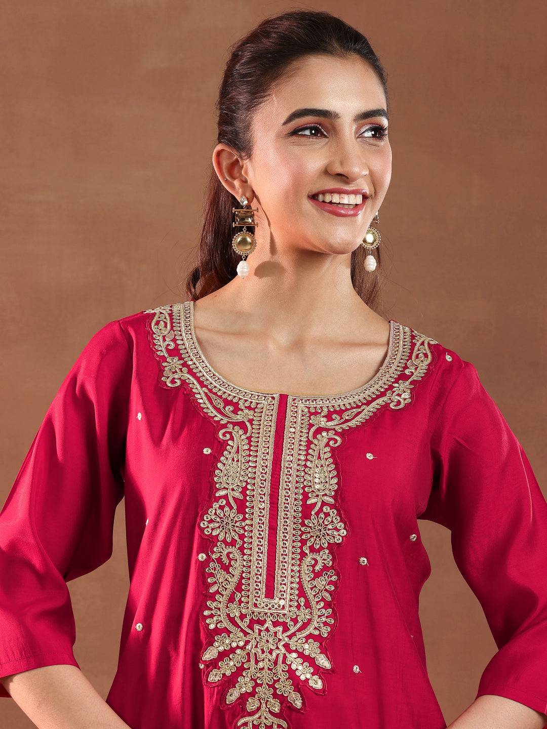 Red Embroidered Silk Blend Straight Suit With Dupatta