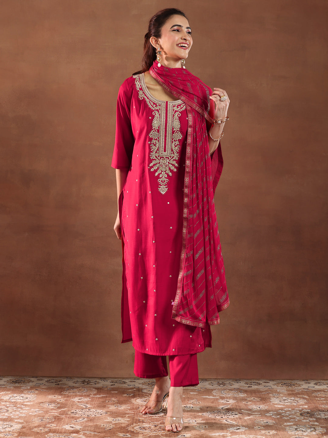 Red Embroidered Silk Blend Straight Suit With Dupatta