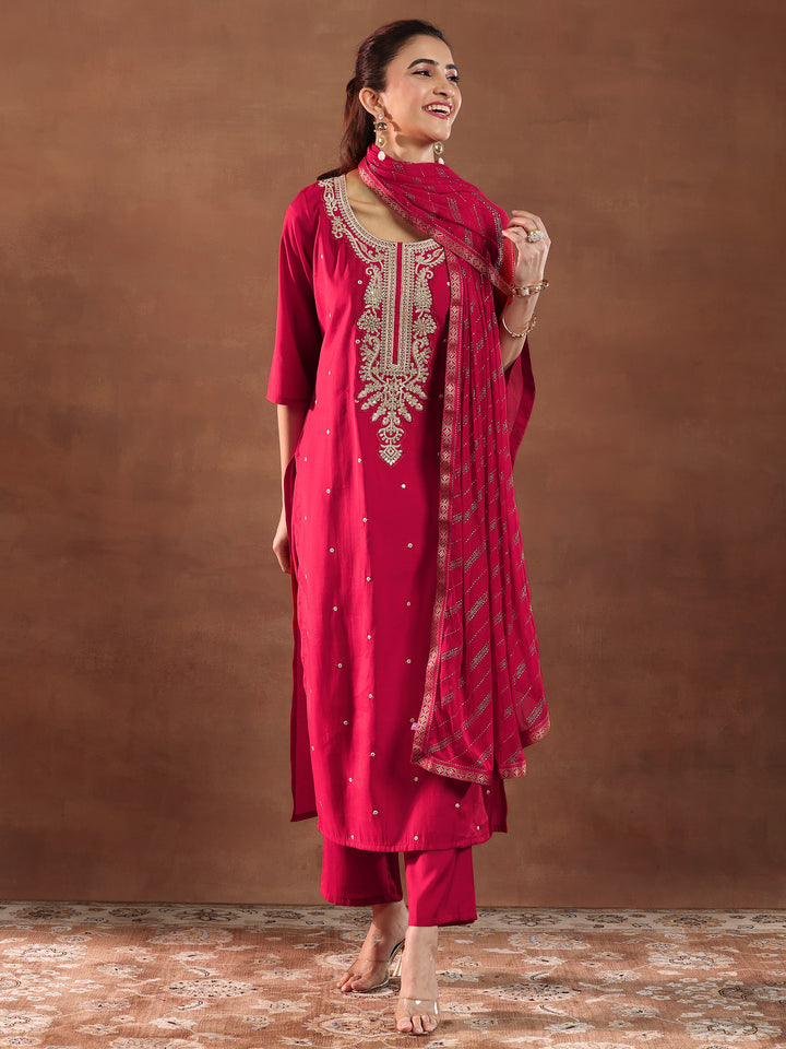 Red Embroidered Silk Blend Straight Suit With Dupatta