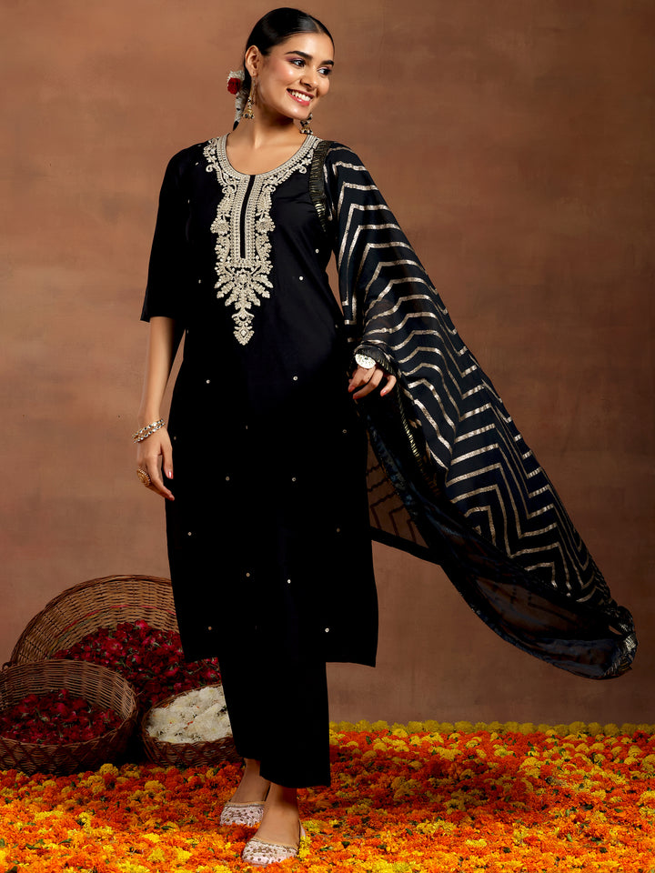 Black Embroidered Silk Blend Straight Suit With Dupatta