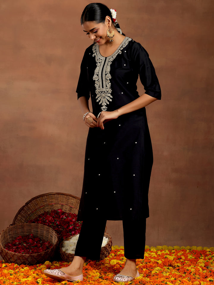 Black Embroidered Silk Blend Straight Suit With Dupatta