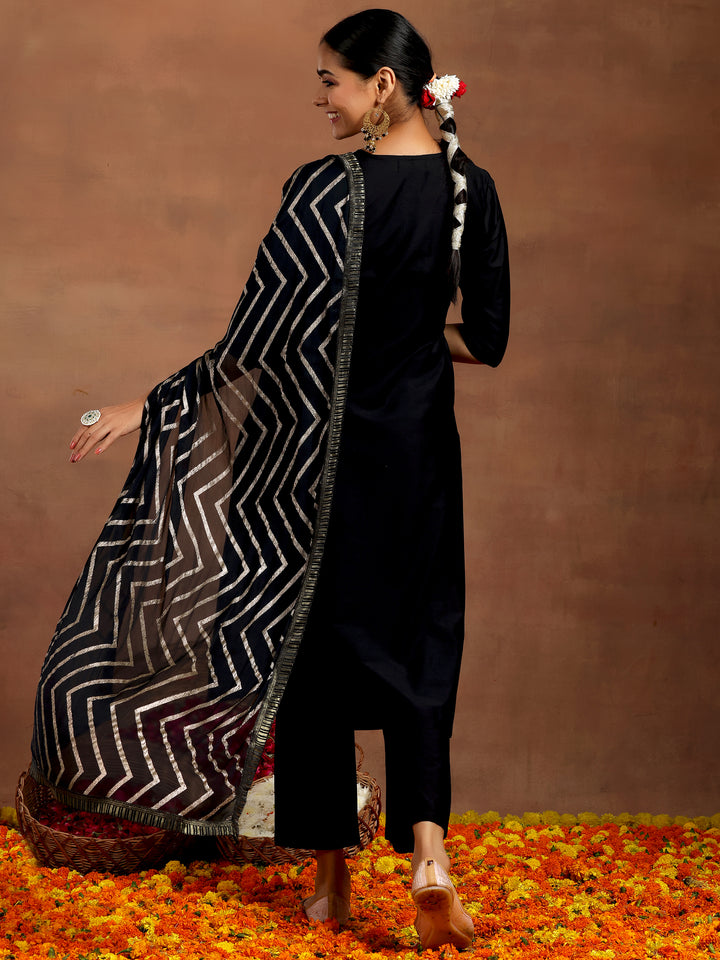 Black Embroidered Silk Blend Straight Suit With Dupatta