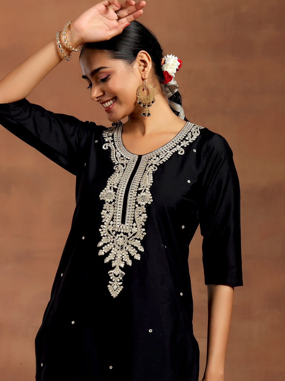 Black Embroidered Silk Blend Straight Suit With Dupatta