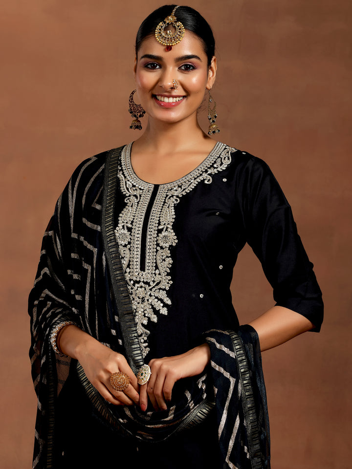 Black Embroidered Silk Blend Straight Suit With Dupatta