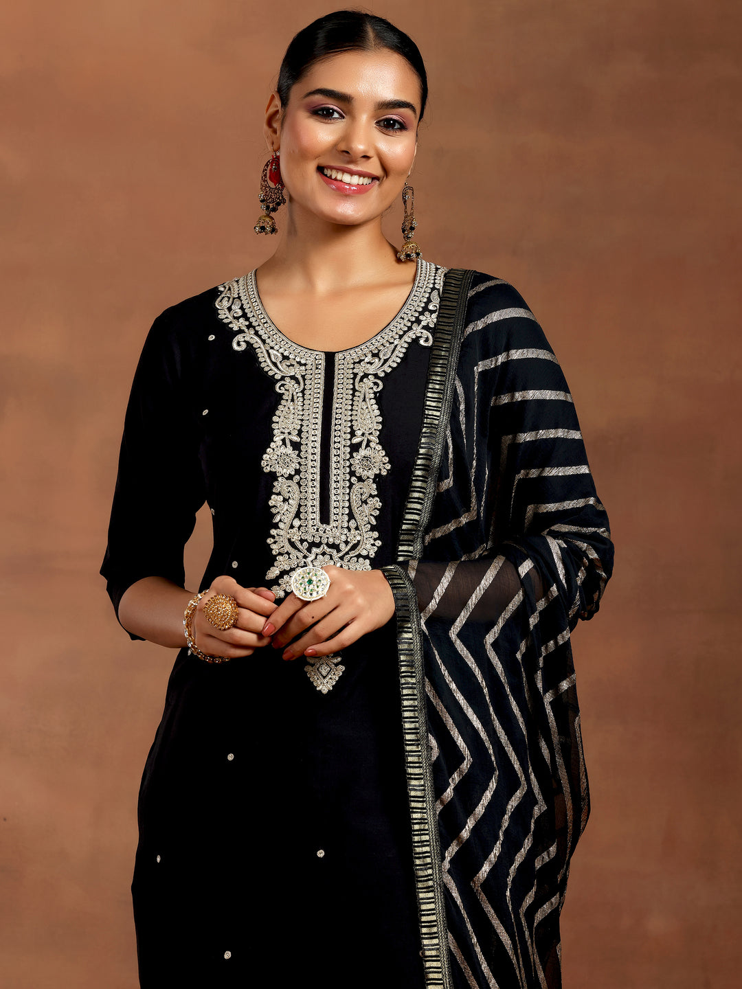 Black Embroidered Silk Blend Straight Suit With Dupatta