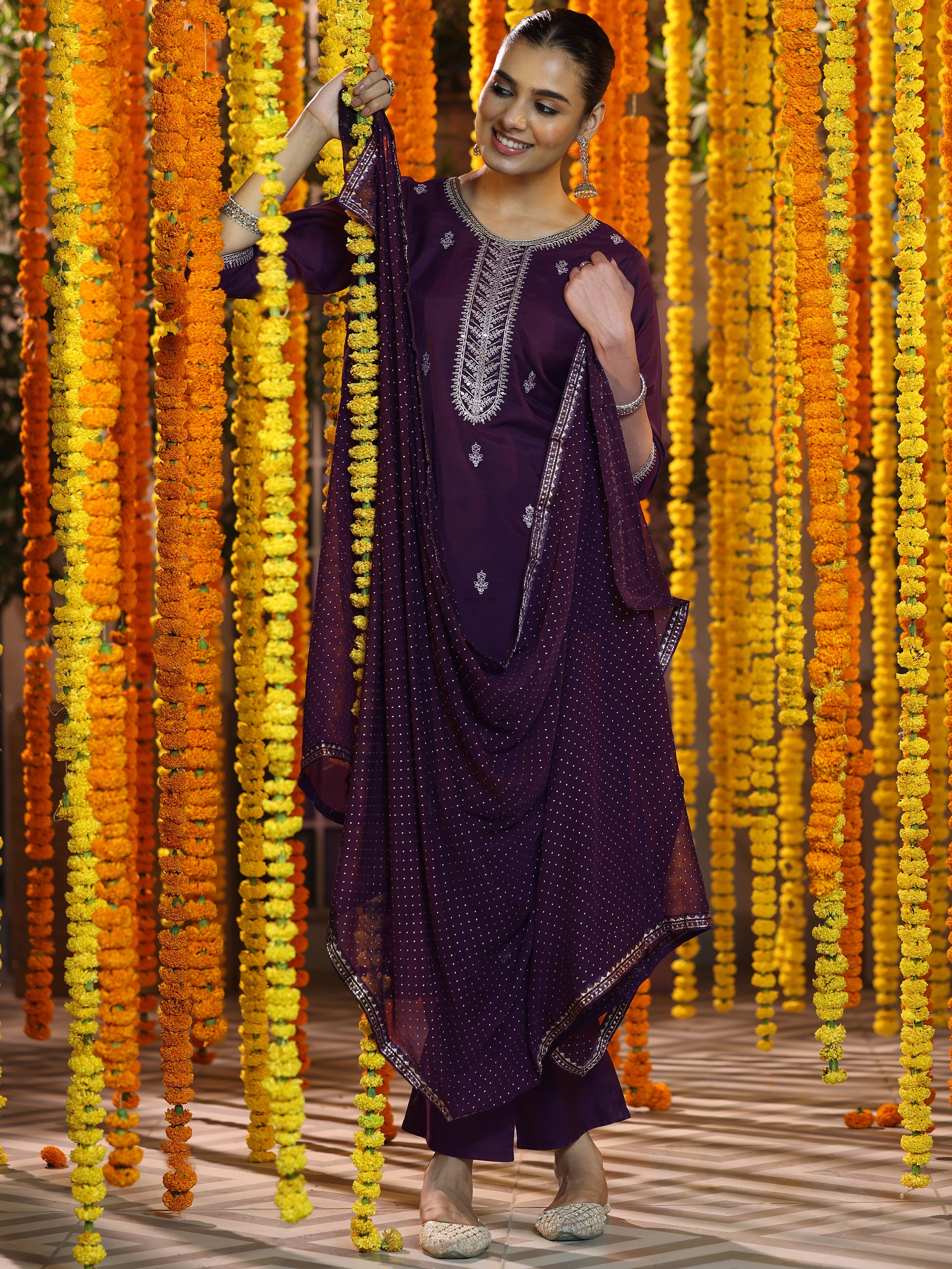 Wine Cotton Blend Embroidered Straight Kurta & Pant With Dupatta