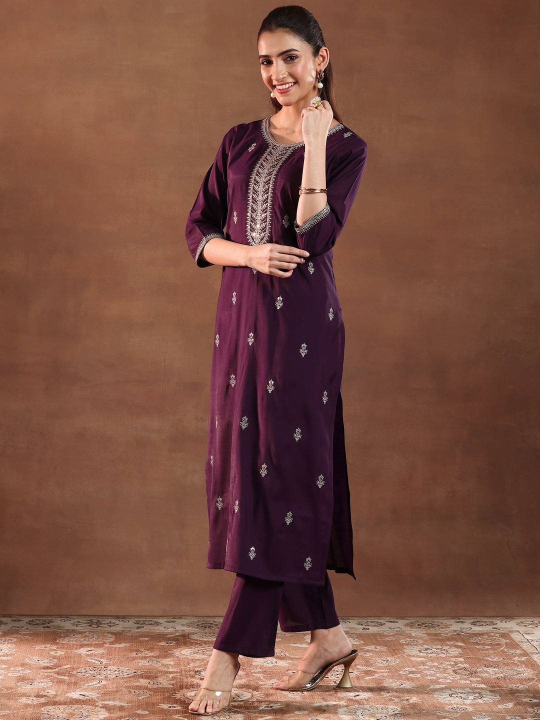 Wine Embroidered Silk Blend Straight Suit With Dupatta