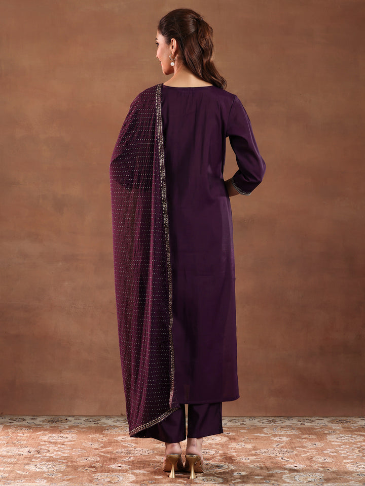 Wine Embroidered Silk Blend Straight Suit With Dupatta
