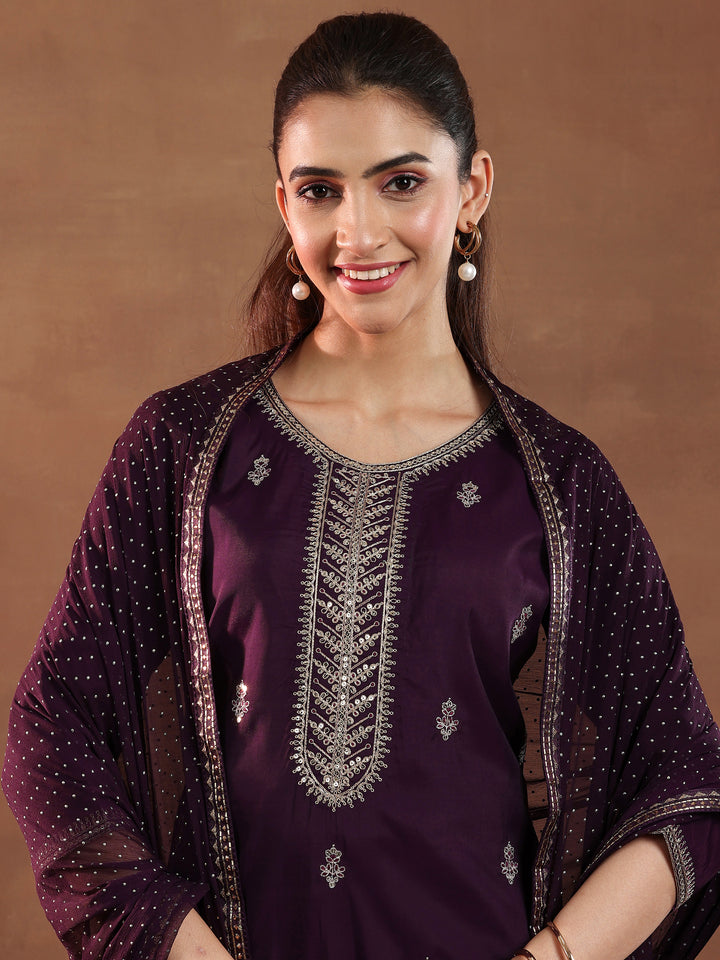Wine Embroidered Silk Blend Straight Suit With Dupatta