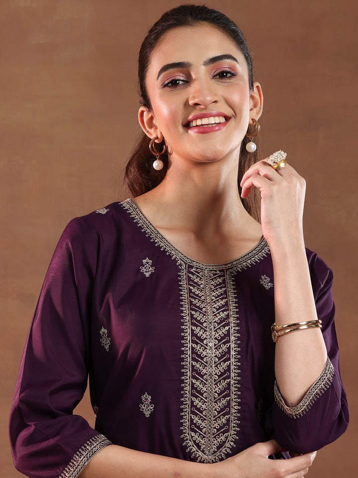 Wine Embroidered Silk Blend Straight Suit With Dupatta