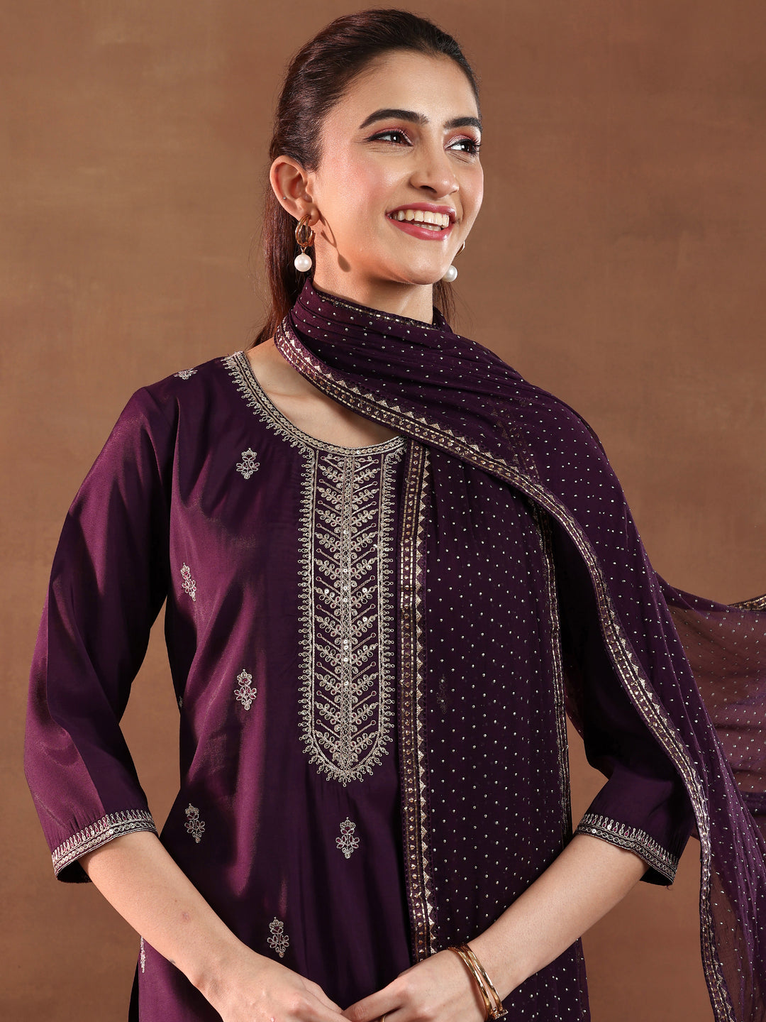 Wine Embroidered Silk Blend Straight Suit With Dupatta
