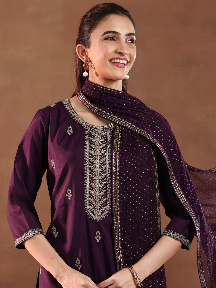 Wine Embroidered Silk Blend Straight Suit With Dupatta