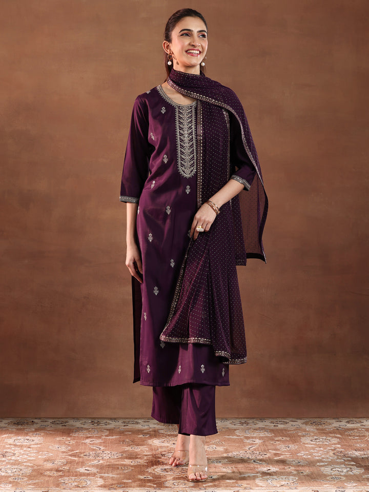 Wine Embroidered Silk Blend Straight Suit With Dupatta