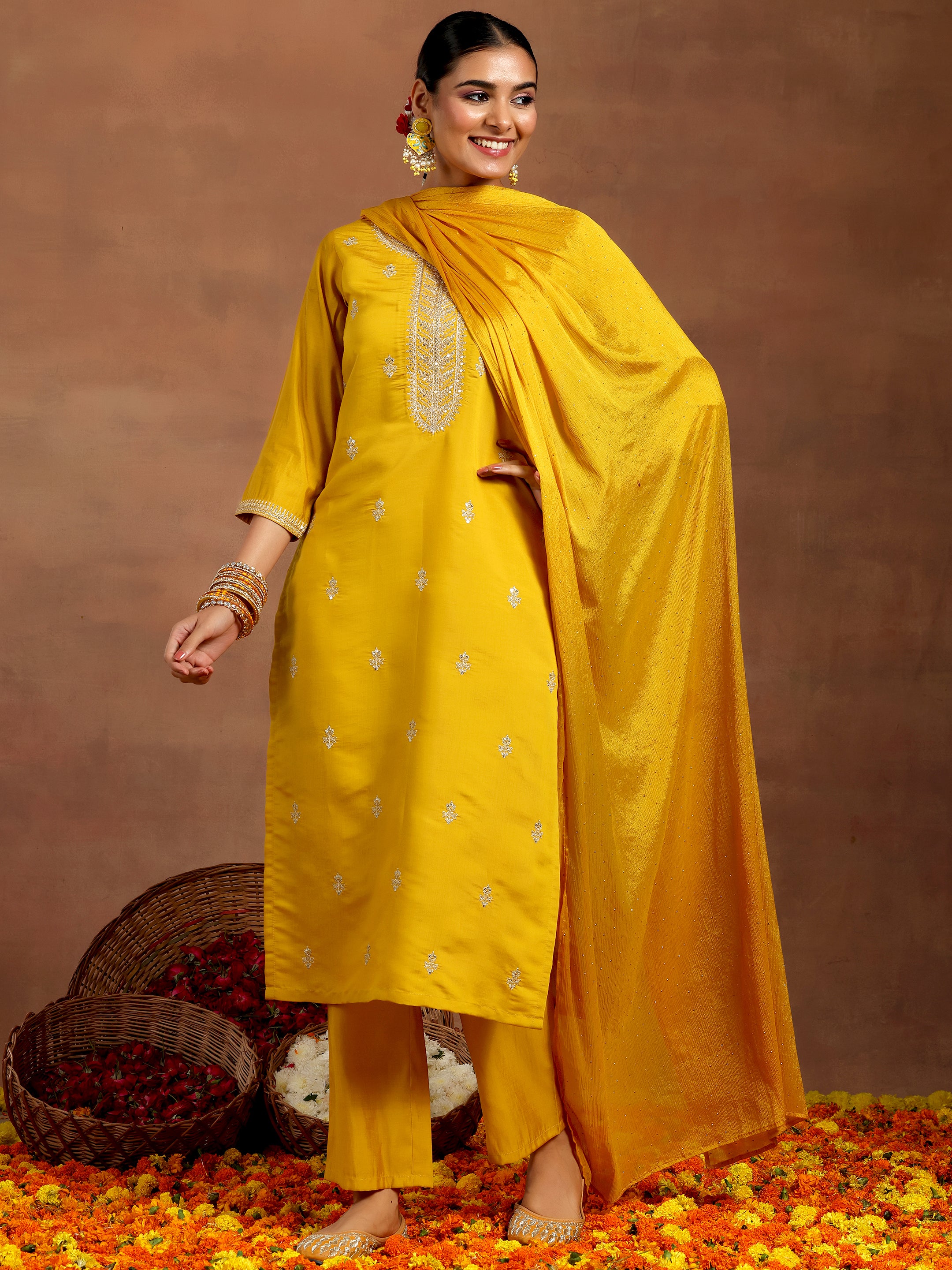 Libas Art Mustard Embroidered Silk Blend Straight Suit With Dupatta