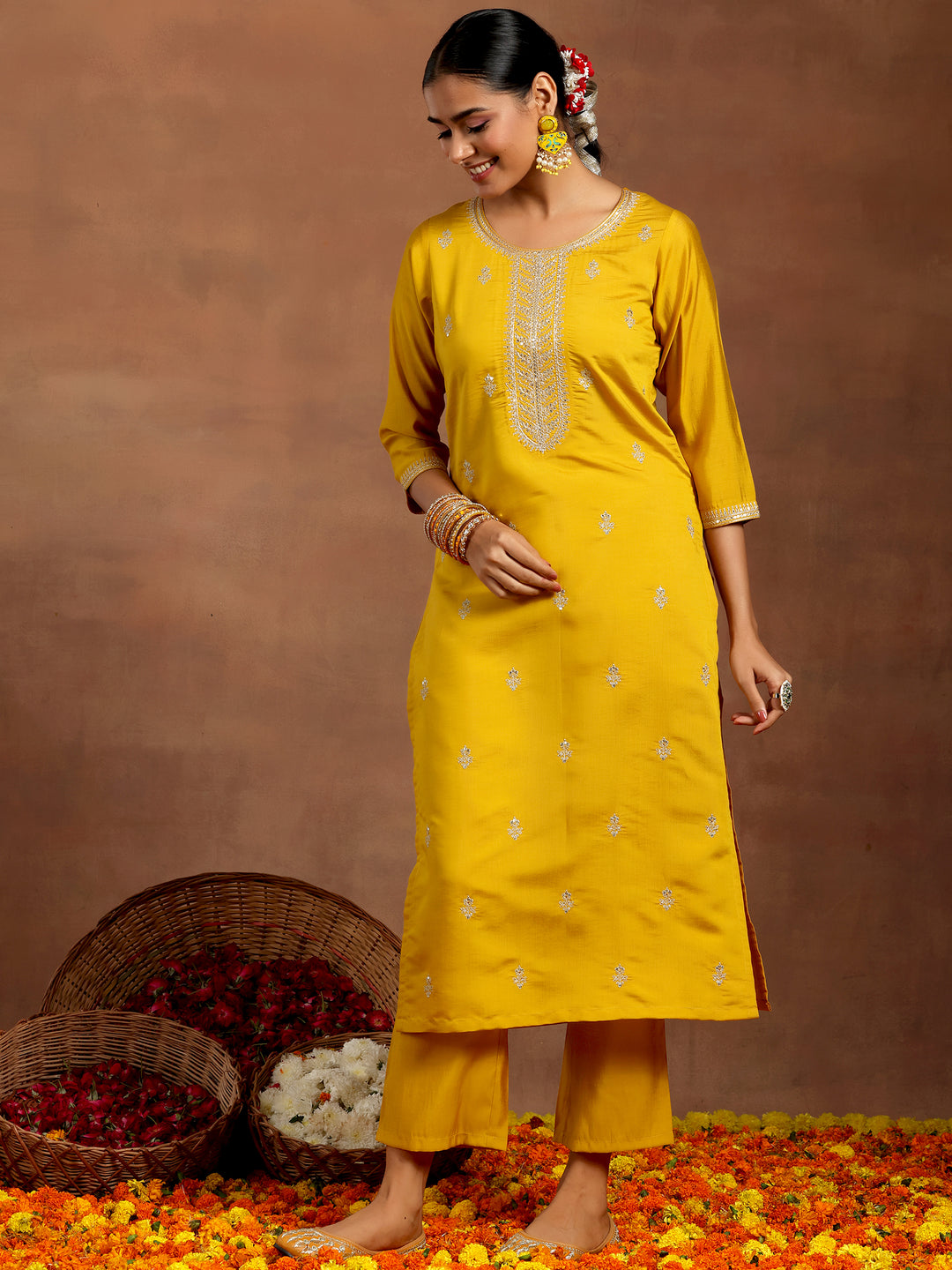 Mustard Embroidered Silk Blend Straight Suit With Dupatta