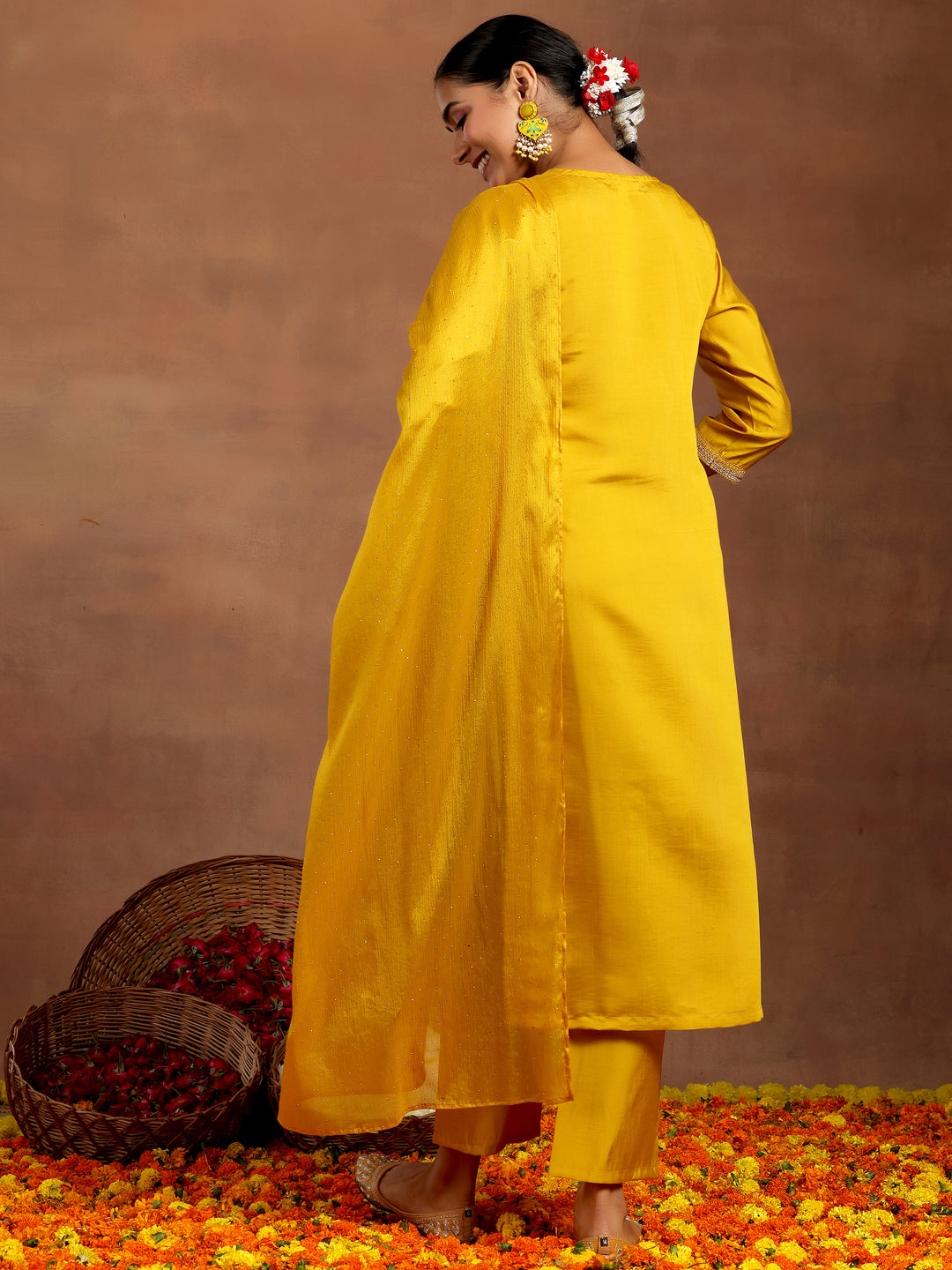 Mustard Embroidered Silk Blend Straight Suit With Dupatta