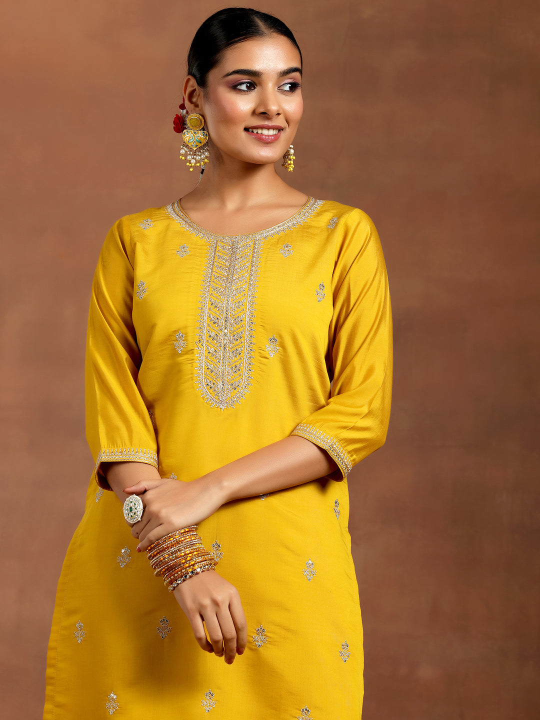Mustard Embroidered Silk Blend Straight Suit With Dupatta