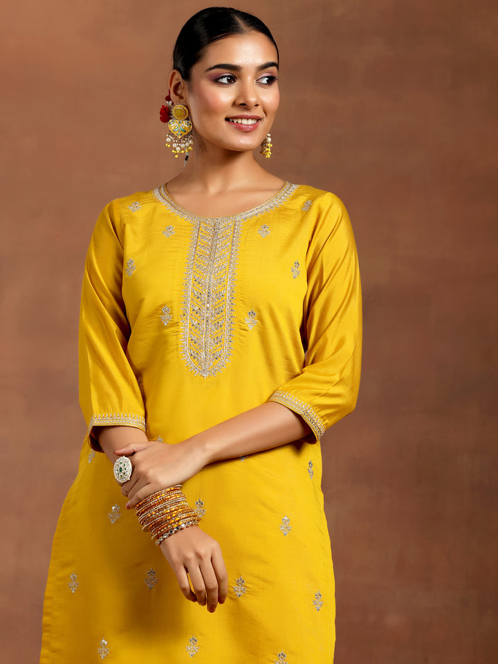 Mustard Embroidered Silk Blend Straight Suit With Dupatta